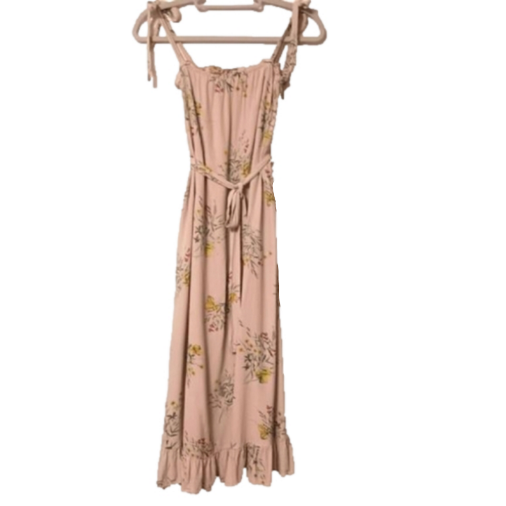 Anthropologie A Loves A Mauve Floral Tie Strap Ruffle Hem Prarie Midi Sundress - Picture 3 of 9